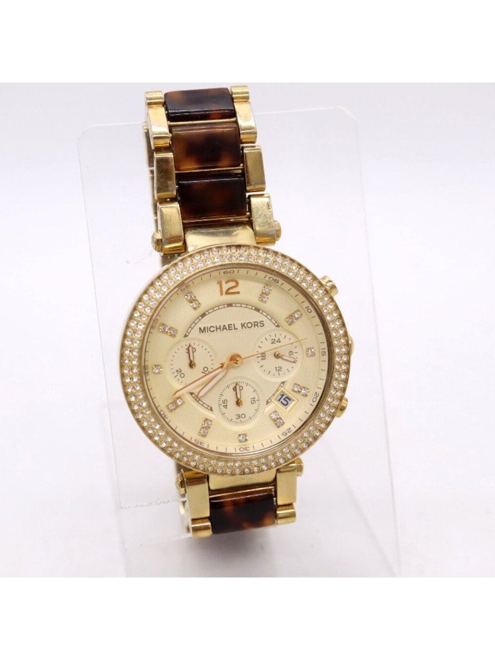Michael Kors Parker Chronograph Watch Gold Tone Crystal Bezel Date Tortoise Band